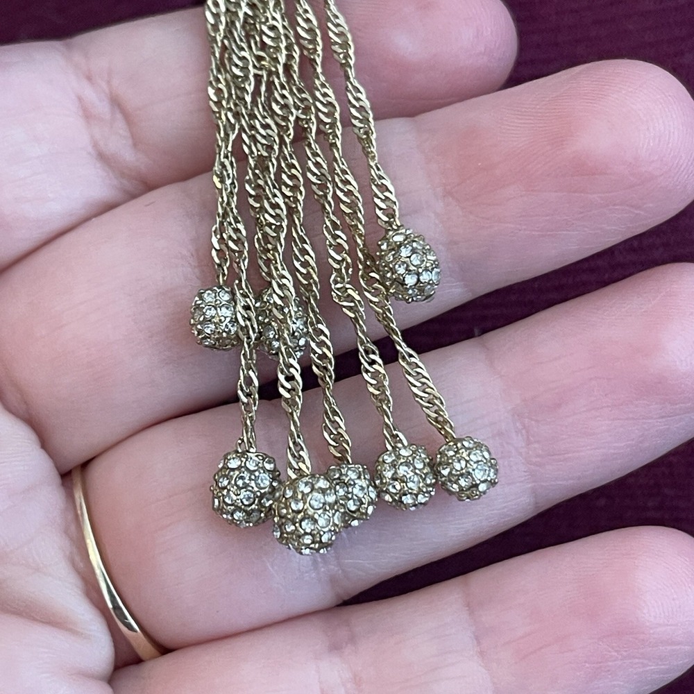 Ann Taylor Gold Tone Rope Chain Pave Rhinestone Tassel Knot Multistrand Necklace - Picture 3 of 6